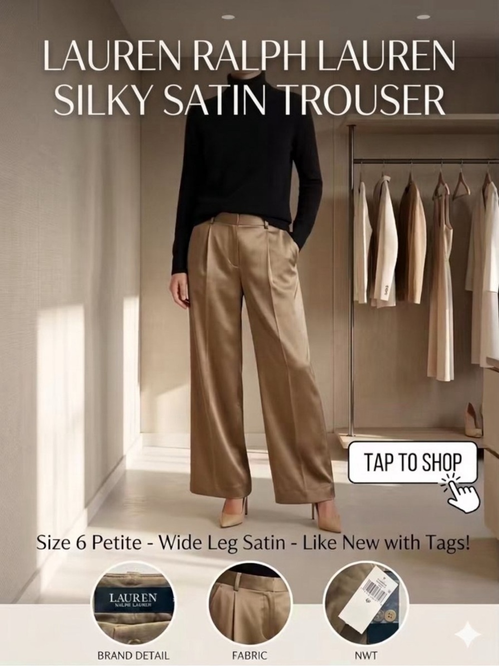 NWT Ralph Lauren Women's Tan Satin Silky Flowy Wide Leg Trouser Pants Size 6P